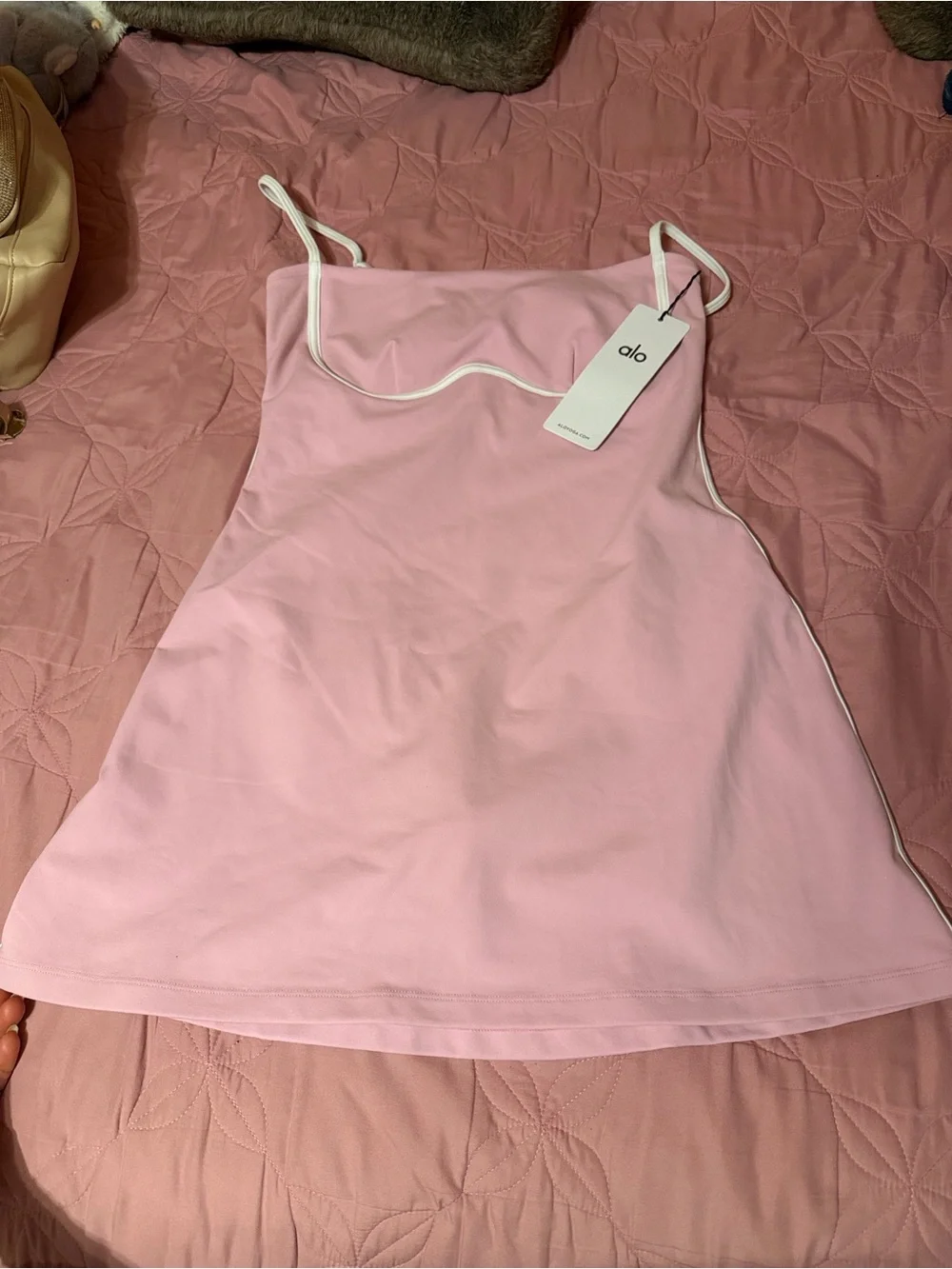 ALO Yoga Light Pink Spaghetti-Strap dress with White Trim